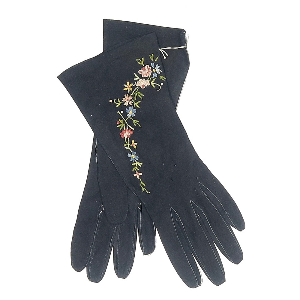 Gant‎ Jay Vtg Black Gauntlet Gloves Floral Embroidered Mid Century 1950s Sz 6.5